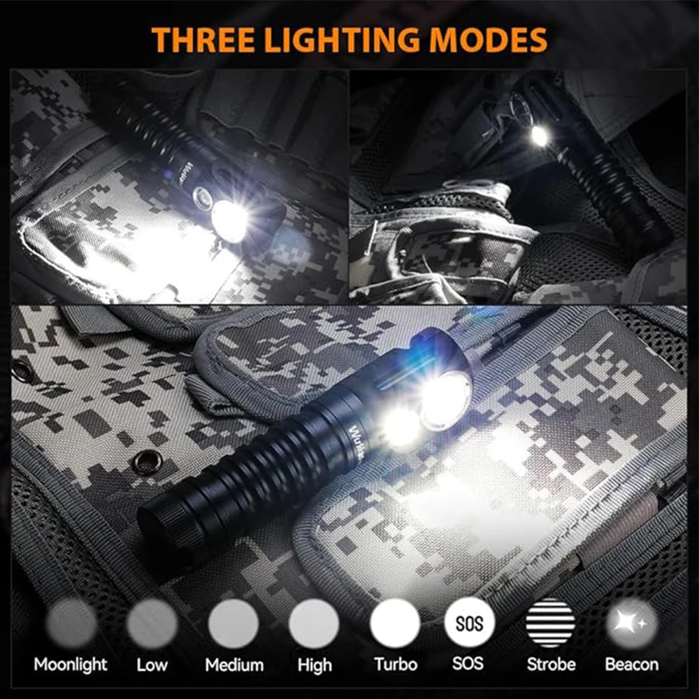 Flashlight on a camouflage-patterned surface with three lighting modes indicated.
