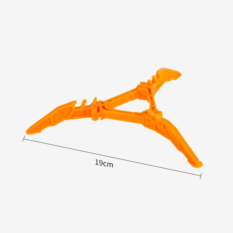 Orange plastic gas canister stand with measurement label on a white background