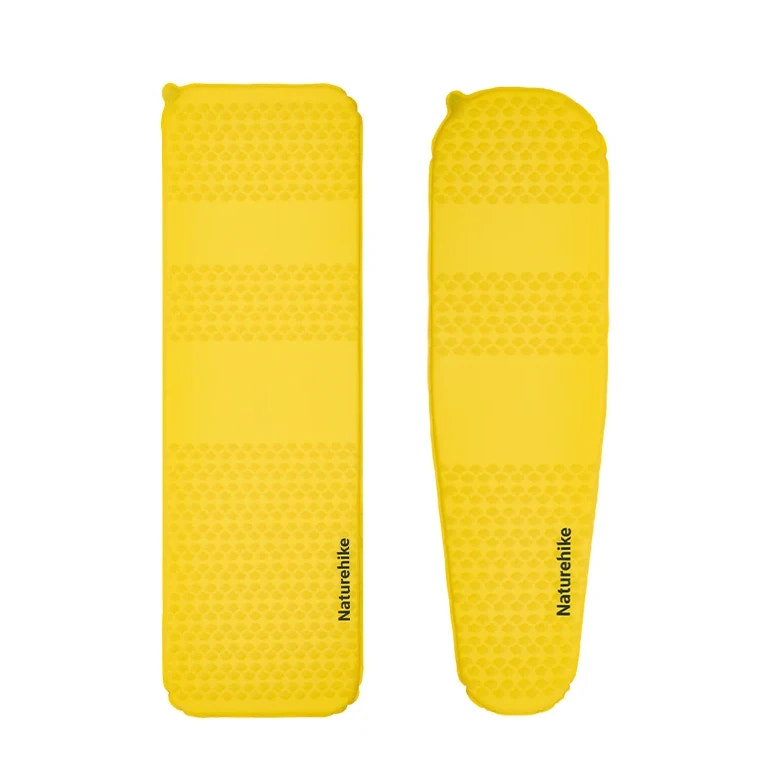 Yellow inflatable camping mattress with 'Naturehike' branding on a white background