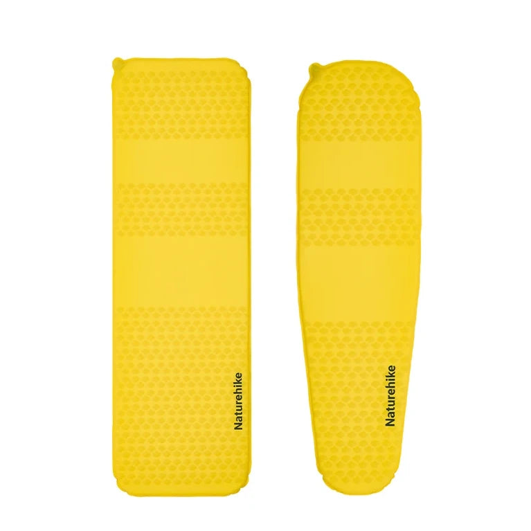 Yellow inflatable camping mattress with 'Naturehike' branding on a white background