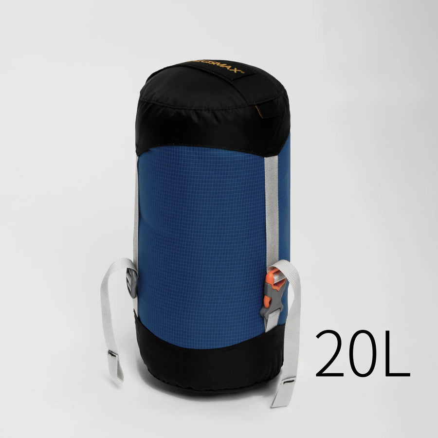 Blue and black sleeping bag sack with '20L' label on a white background