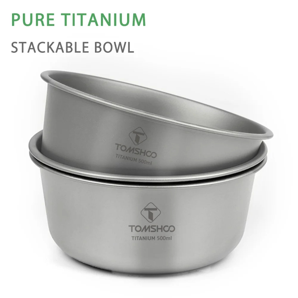 Two pure titanium stackable bowls with TOMSHOO branding on a white background