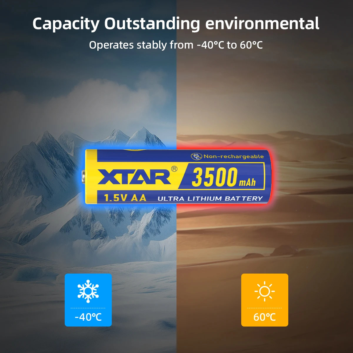 XTAR battery with temperature range graphics on a mountain and desert background