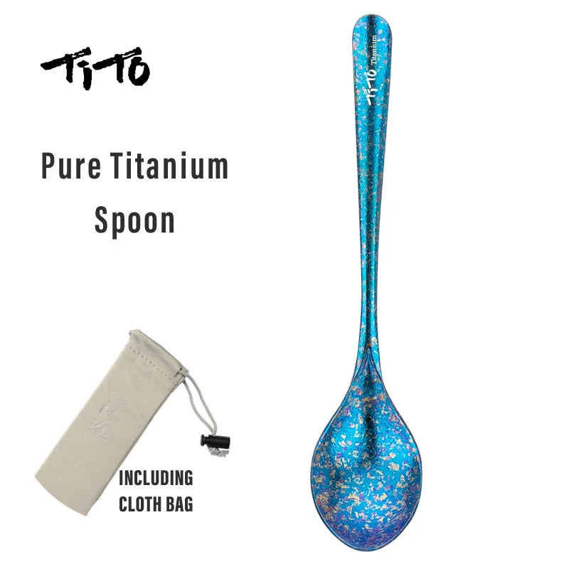 Blue titanium spoon with Tito branding and a cloth bag on a white background