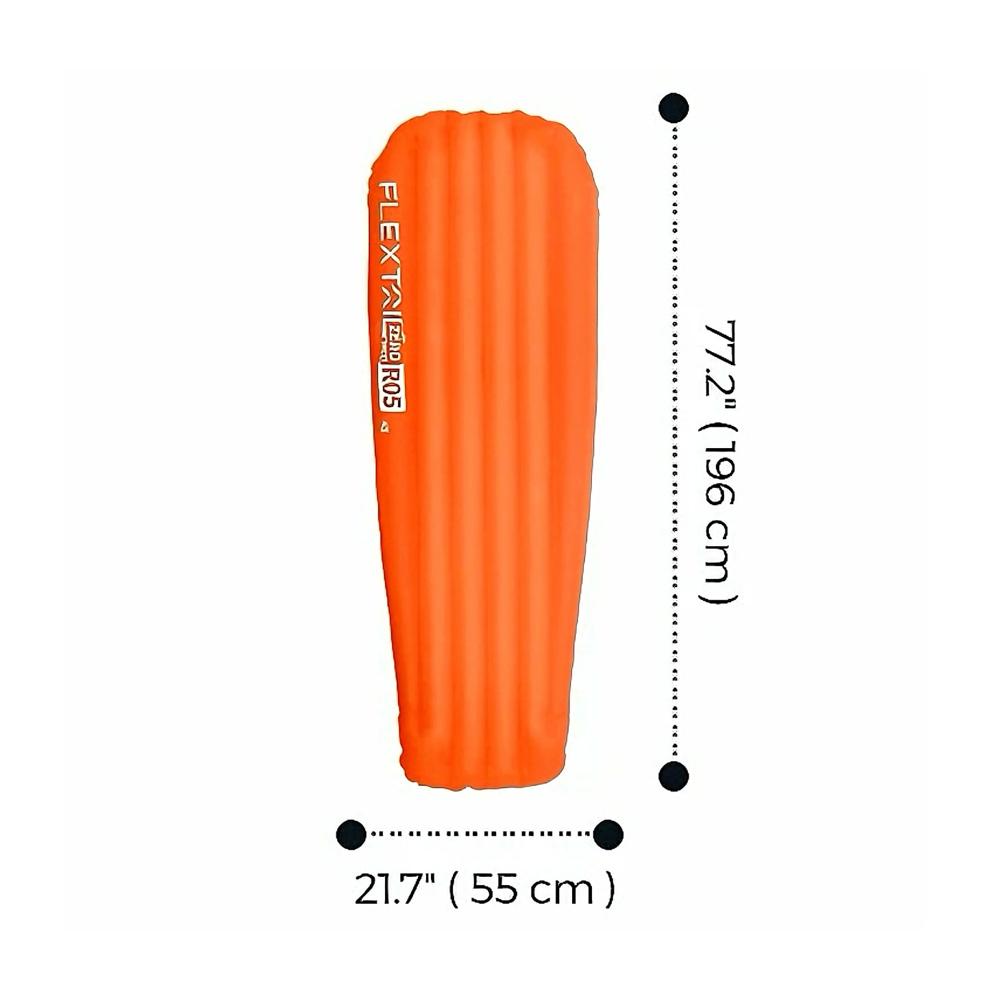 Orange inflatable sleeping pad with Flextail branding and measurements on a white background