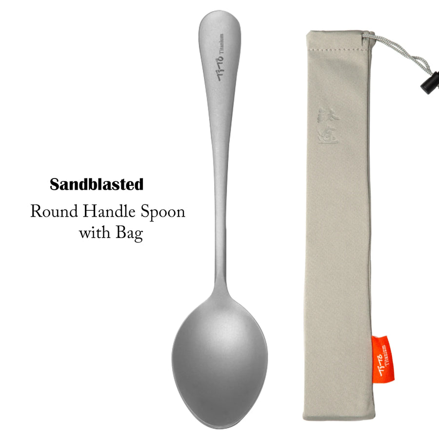 Sandblasted round handle spoon with a matching carrying bag on a white background