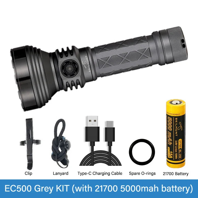 Flashlight kit with battery, clip, lanyard, and charging cable on a white background