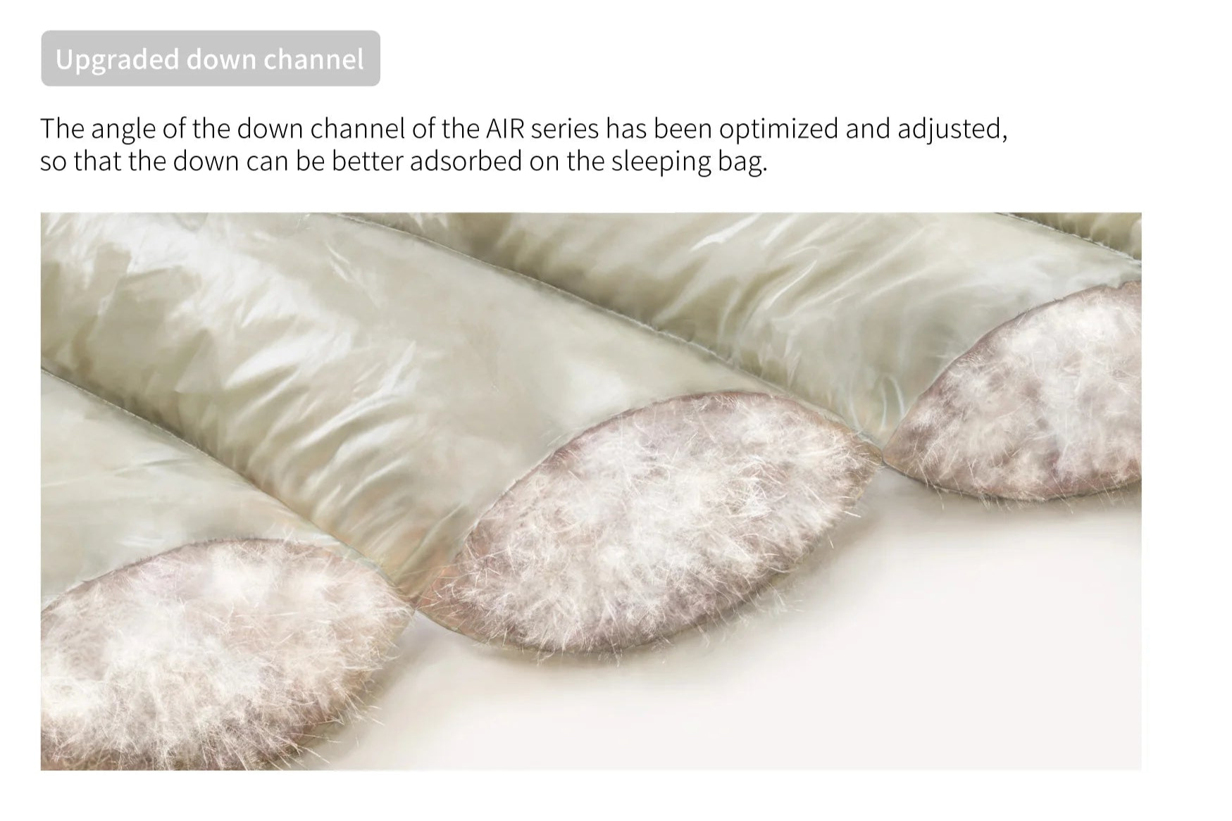 Close-up of a sleeping bag with down filling on a white background