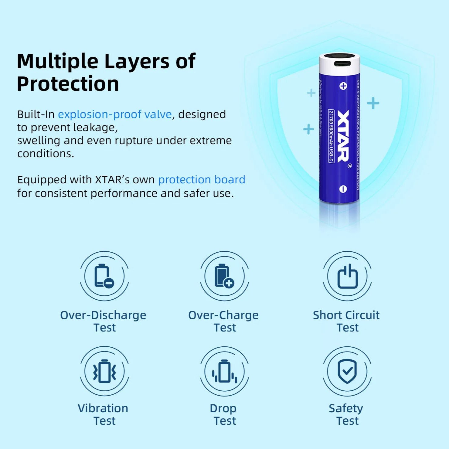 XTAR battery with features highlighted on a blue background