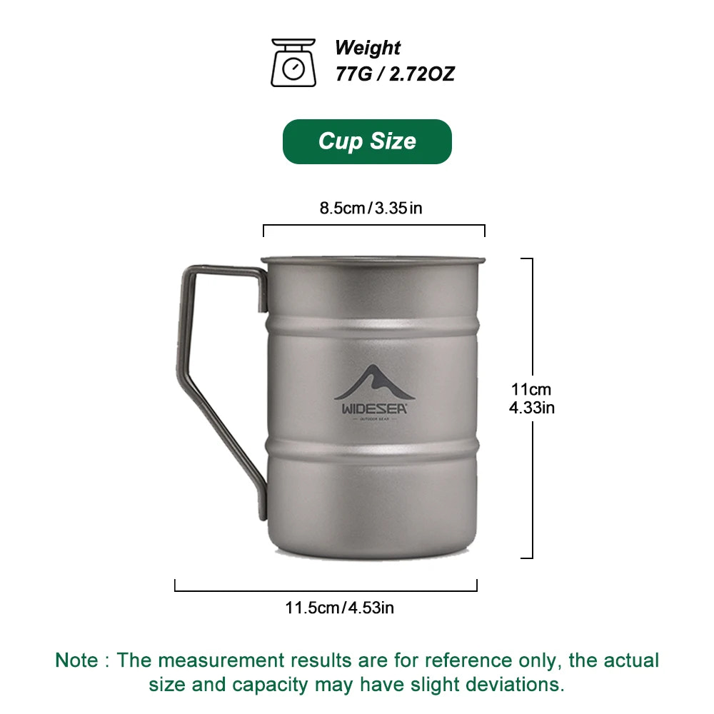 Titanium mug with dimensions and weight information on a white background