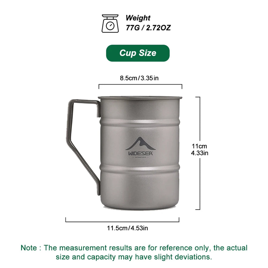 Titanium mug with dimensions and weight information on a white background
