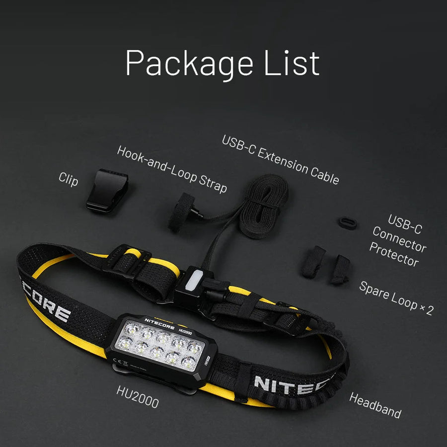 Package list of Nitecore headlamp components on a dark background