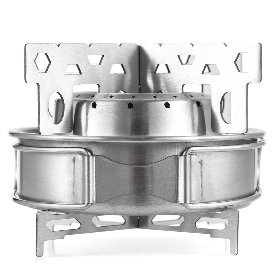 Stainless steel camping stove on a white background