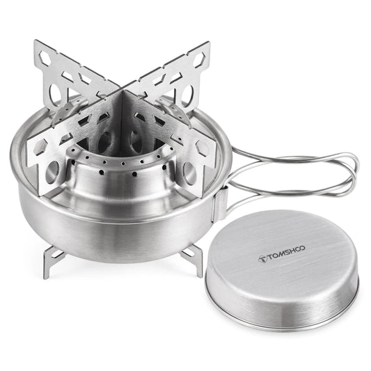Stainless steel camping stove with a lid on a white background