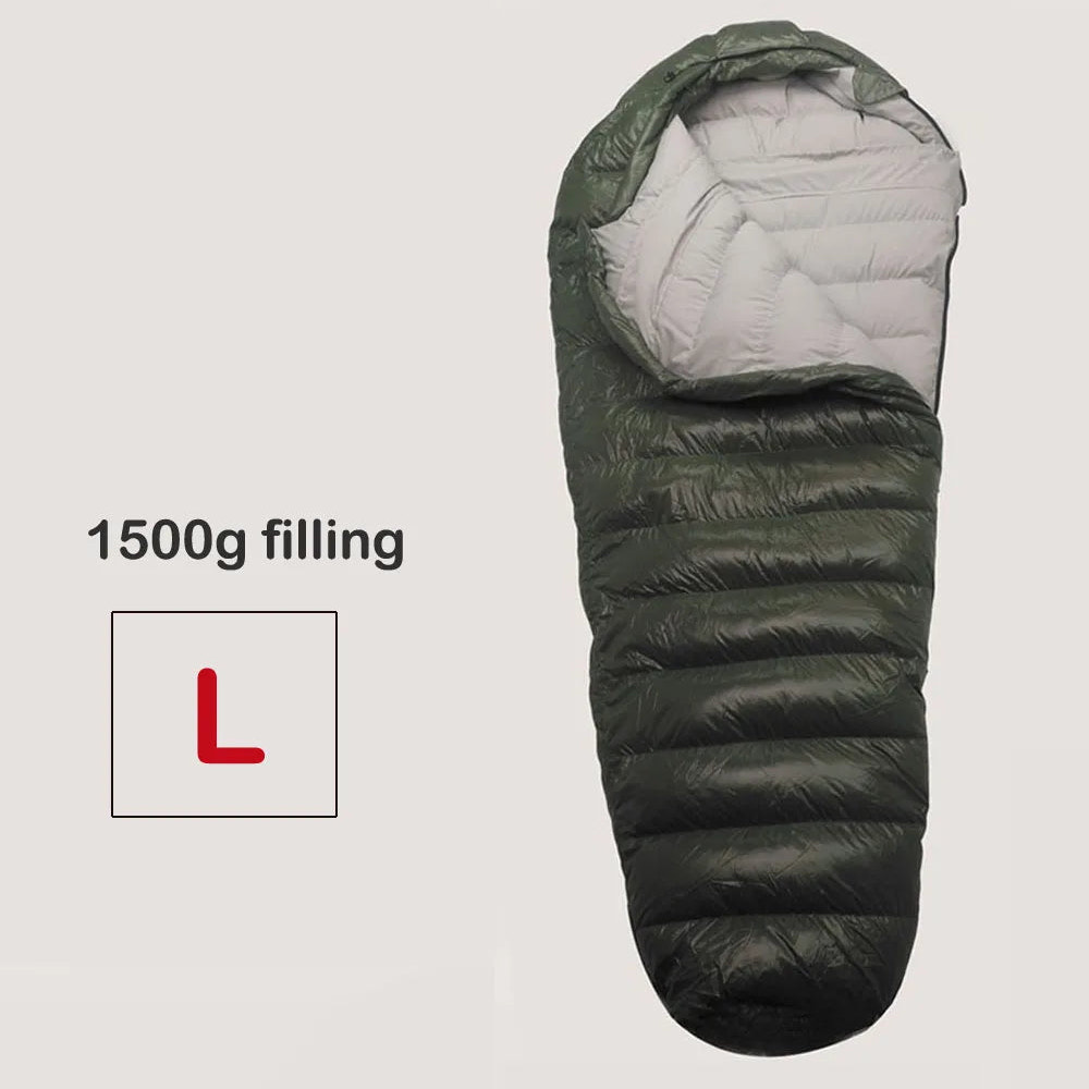 Green sleeping bag with 1500g filling label on a light gray background