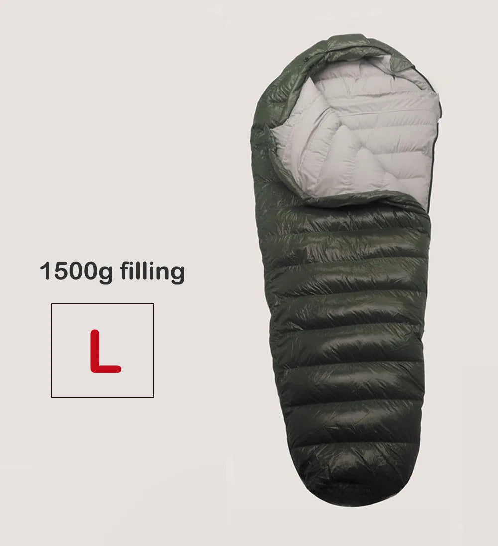 Green sleeping bag with 1500g filling label on a light gray background