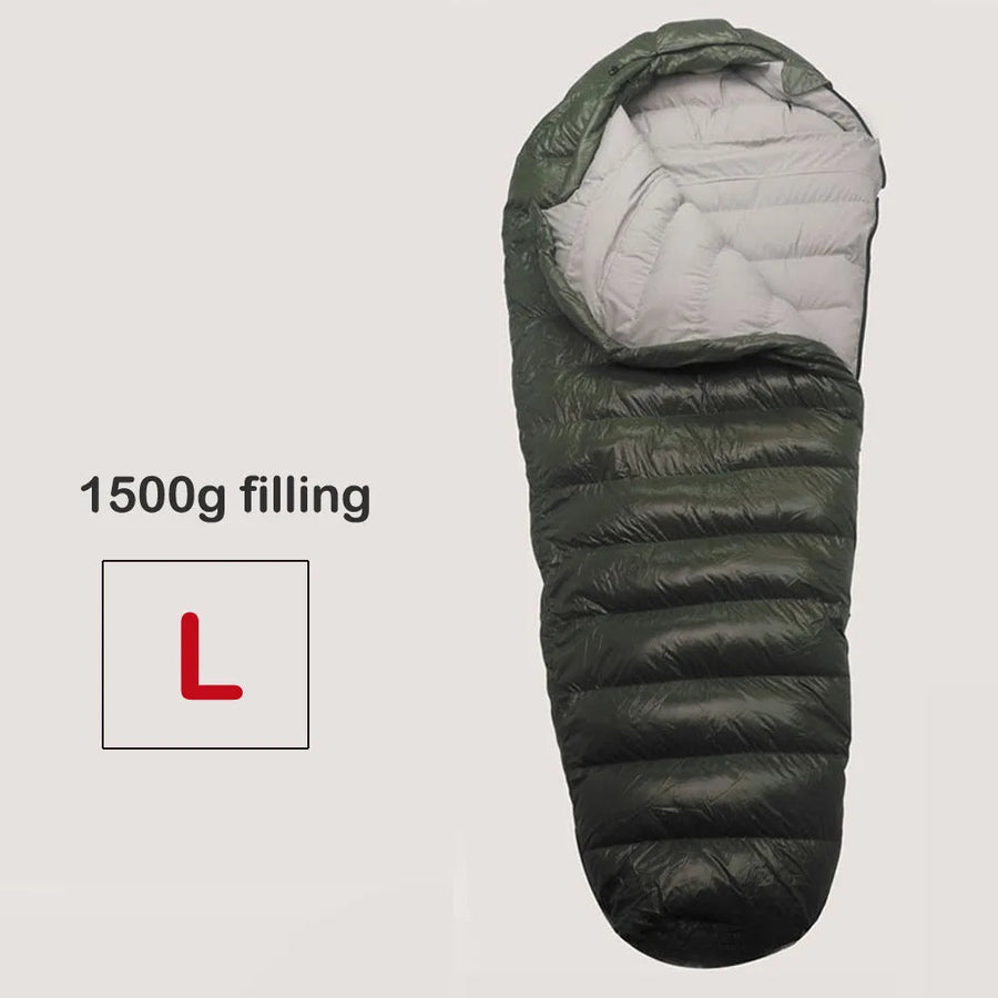 Green sleeping bag with 1500g filling label on a light gray background