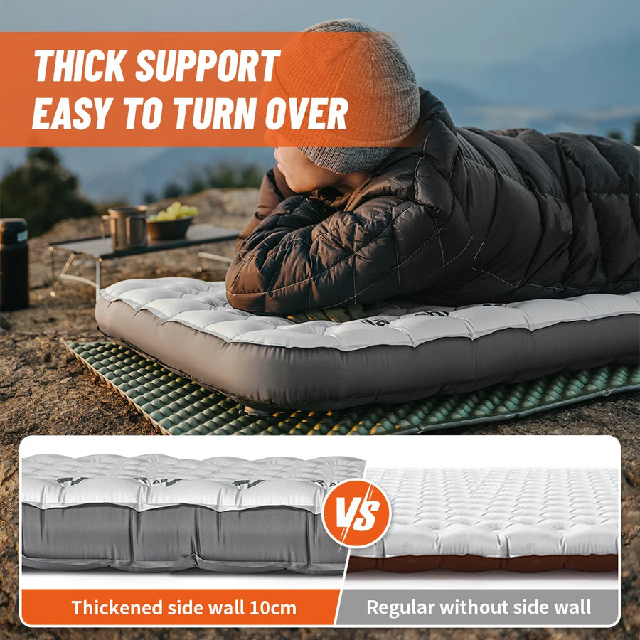 Person lying on a thick inflatable mattress with text highlighting features, set outdoors.