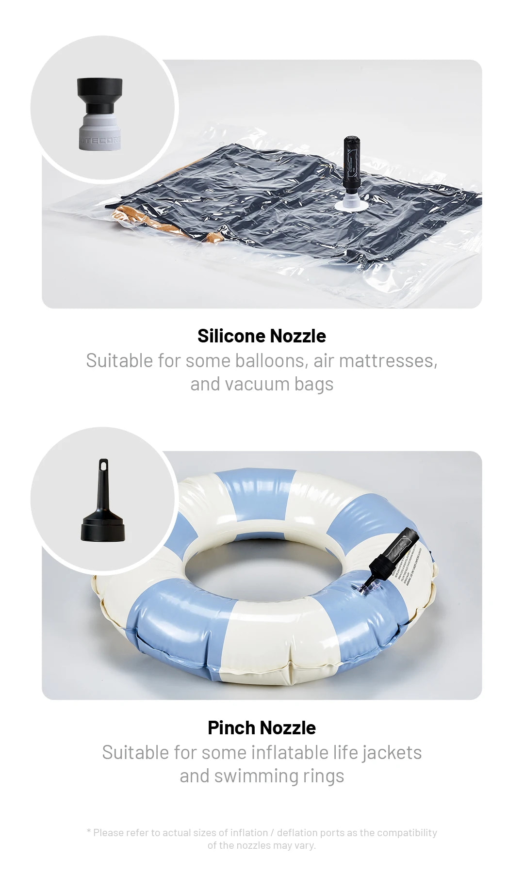 Silicone nozzle and pinch nozzle with product compatibility text on a white background