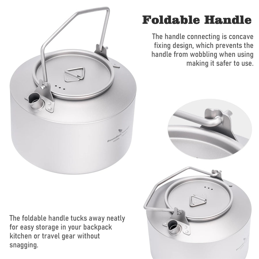 Camping kettle with foldable handle and text explaining its design
