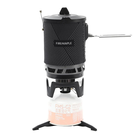 Black Firemaple camping stove with fuel canister on a white background