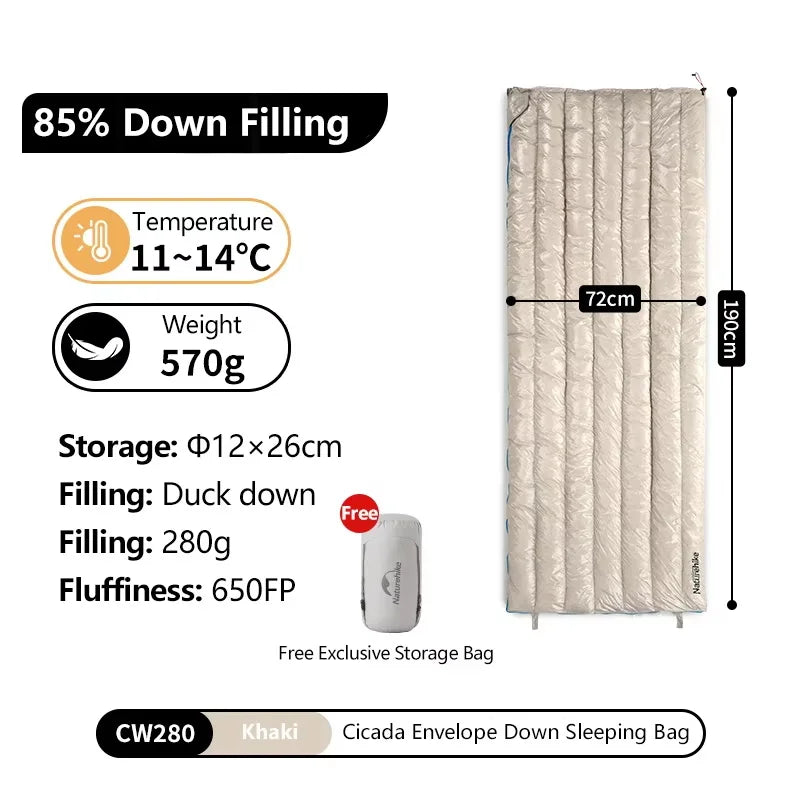 Down Sleeping Bag with specifications on a white background