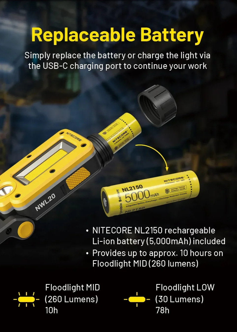 NITECORE flashlight with replaceable battery and USB-C charging port on a dark background