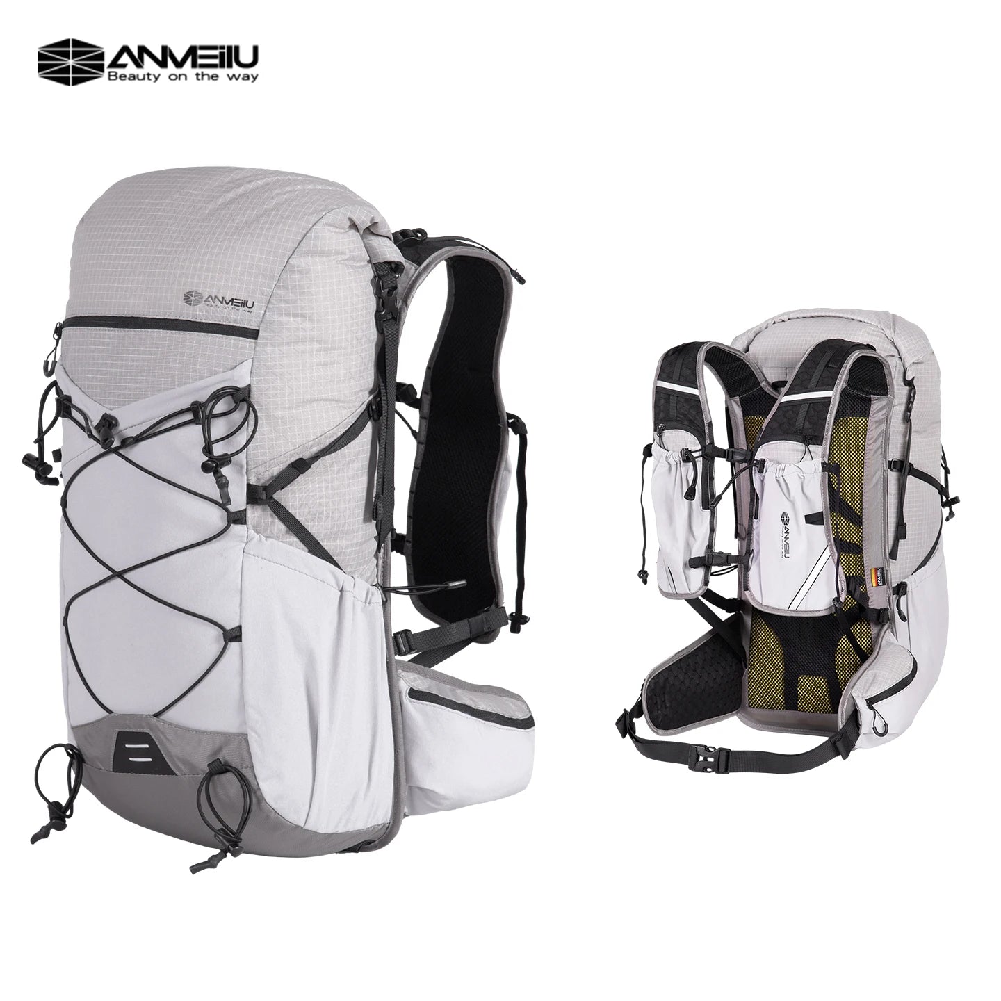 Two views of a gray and white backpack with visible branding on a white background.