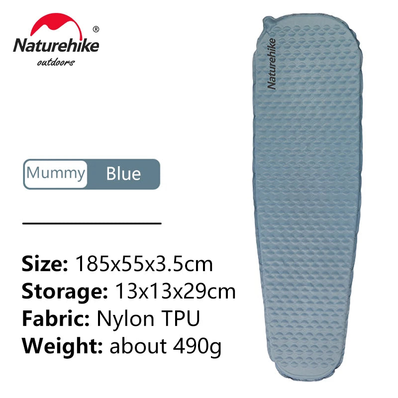 Blue sleeping pad with Naturehike branding on a white background