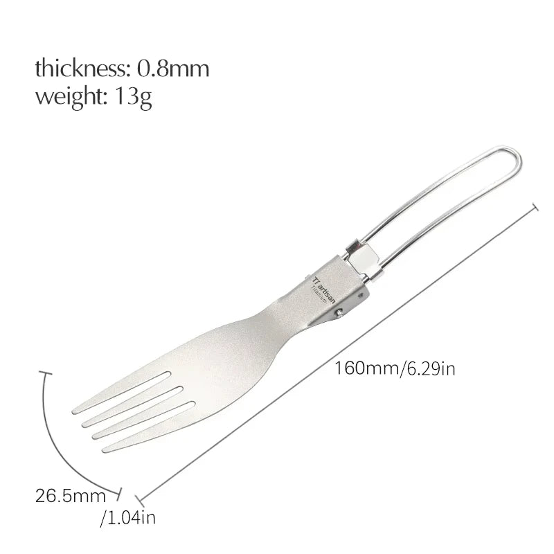 titanium folding fork with measurements on a white background
