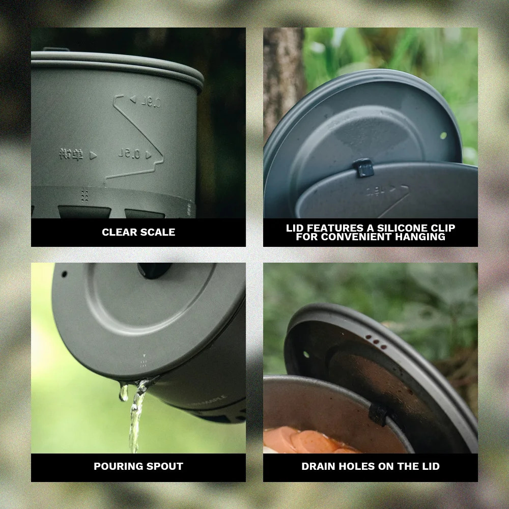 Collage of a gray container with features labeled: clear scale, silicone clip on lid, pouring spout, and drain holes on lid.