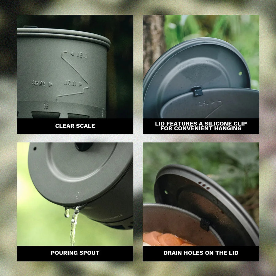 Collage of a gray container with features labeled: clear scale, silicone clip on lid, pouring spout, and drain holes on lid.