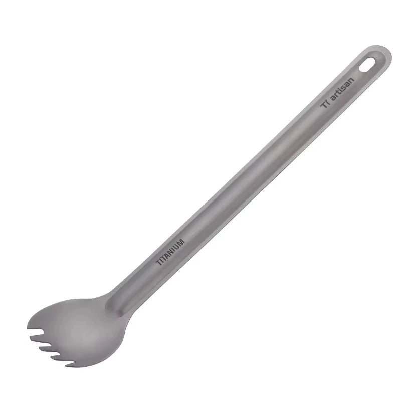 Gray spork with 'Ti artisan' branding on a white background