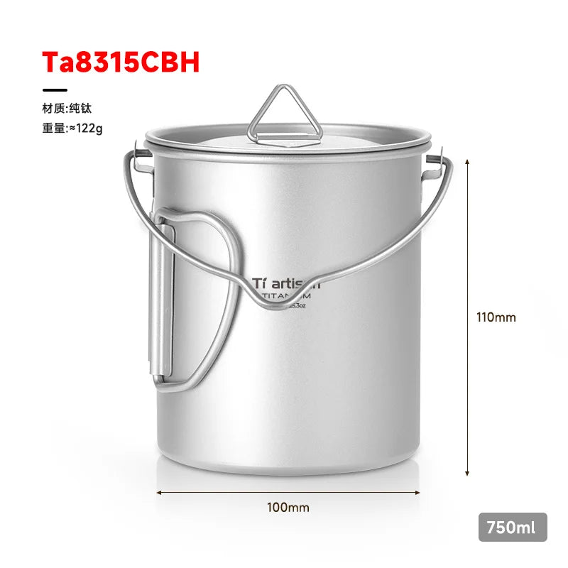 titanium camping pot with handle and measurements on a white background