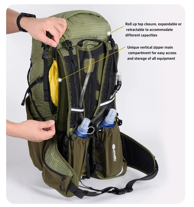 Green backpack with features highlighted on a white background