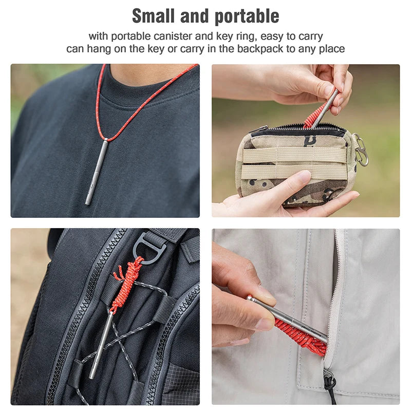 Small and portable canister with key ring, shown being used on a backpack and jacket.