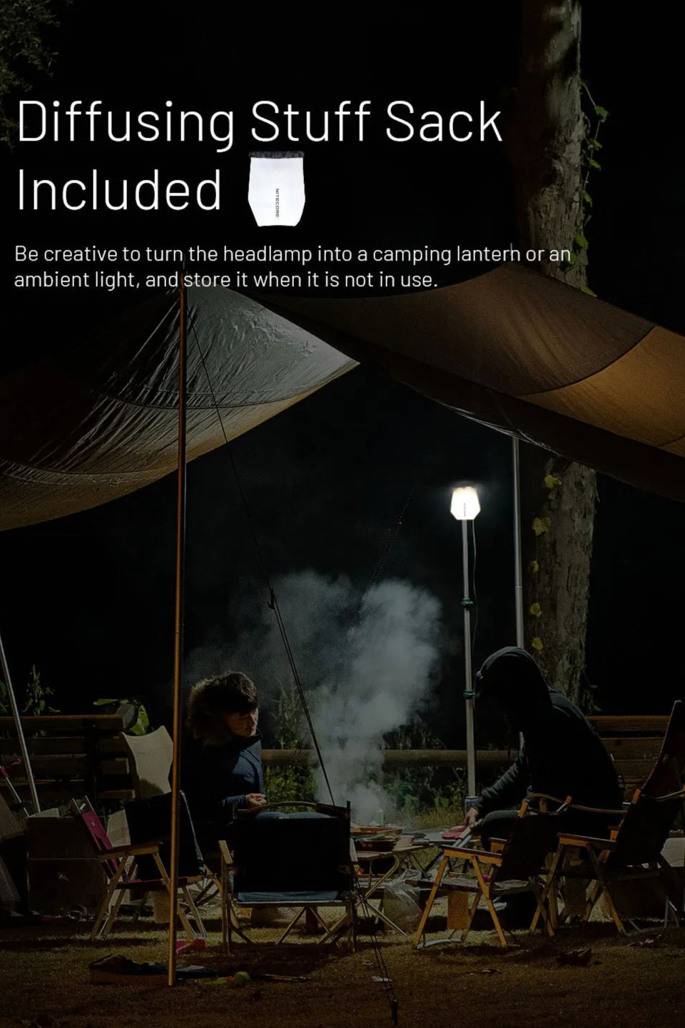 Two people sitting under a tent at night with a headlamp and diffusing stuff sack included text.