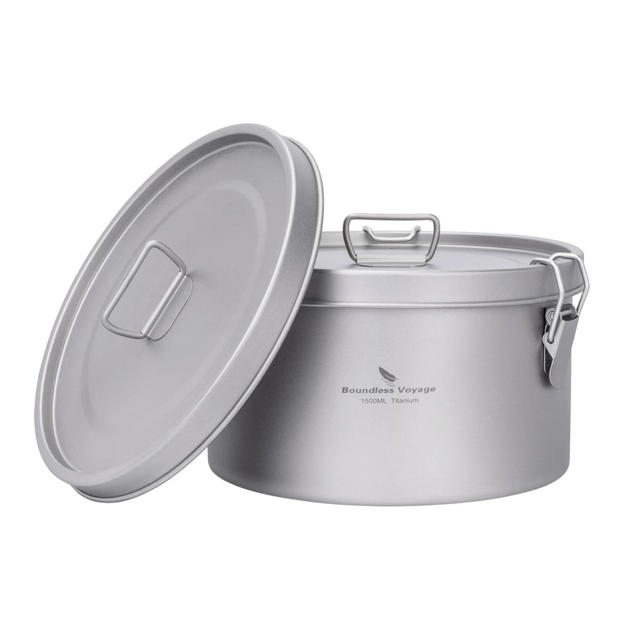 titanium camping pot with lid on a white background