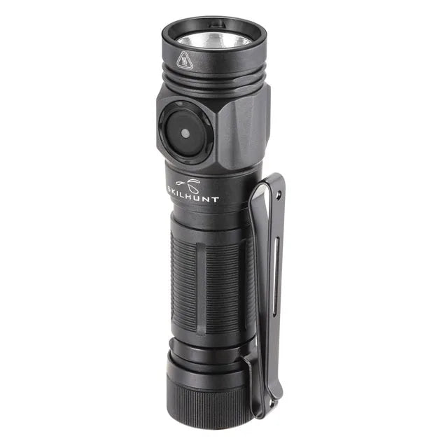 Black flashlight with a visible brand logo on a white background