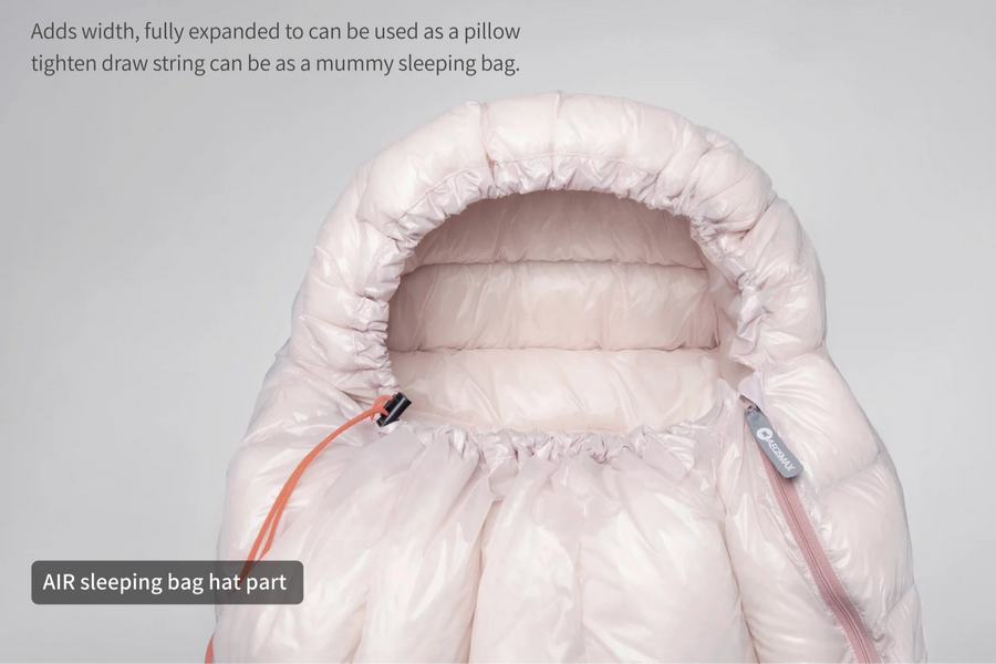 White sleeping bag hood with drawstring on a gray background