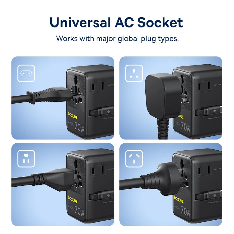 different plug types connecting to a baseus travel adapter