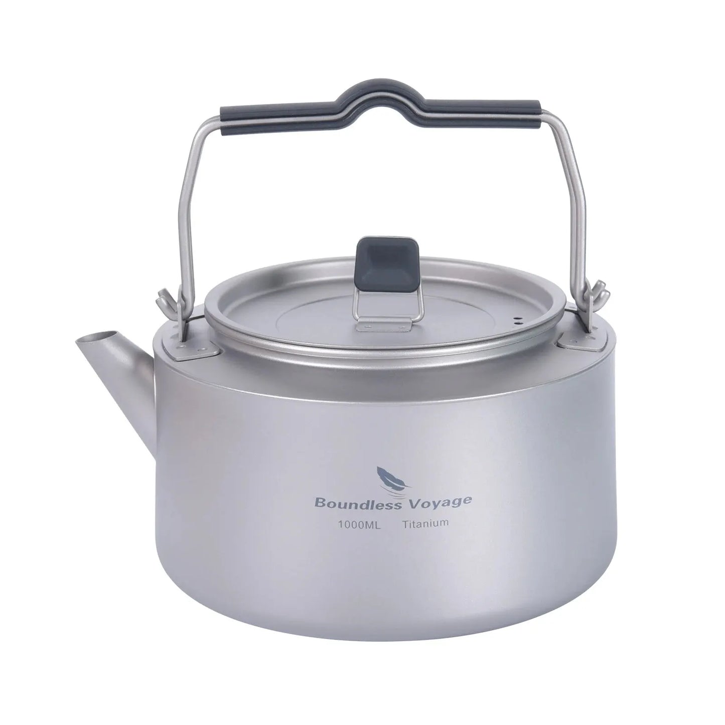 titanium kettle with handle on a white background, branded 'Boundless Voyage'.