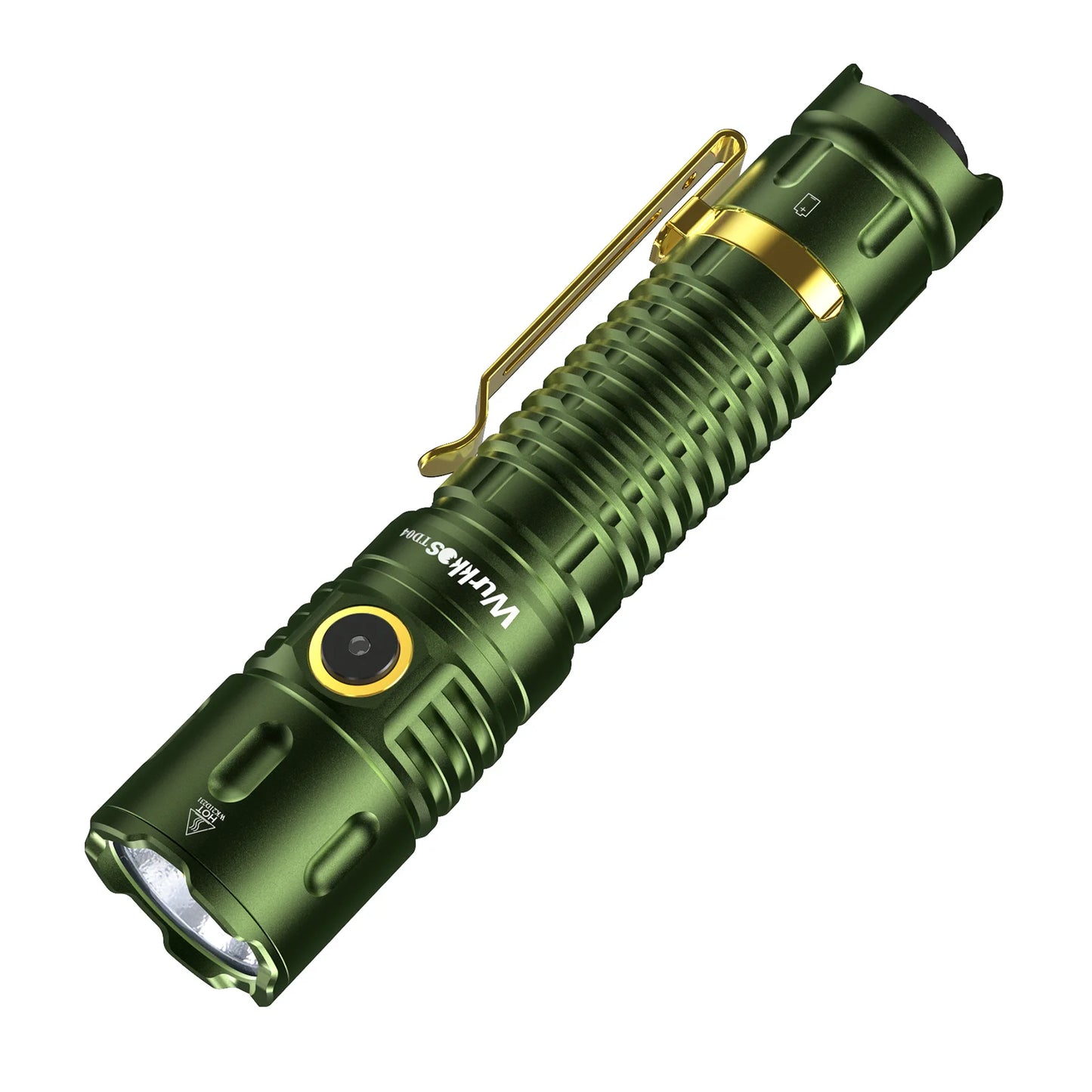 Green flashlight with gold accents on a white background