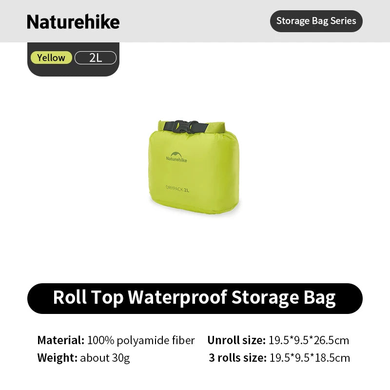 Yellow roll top waterproof storage bag with Naturehike branding on a white background