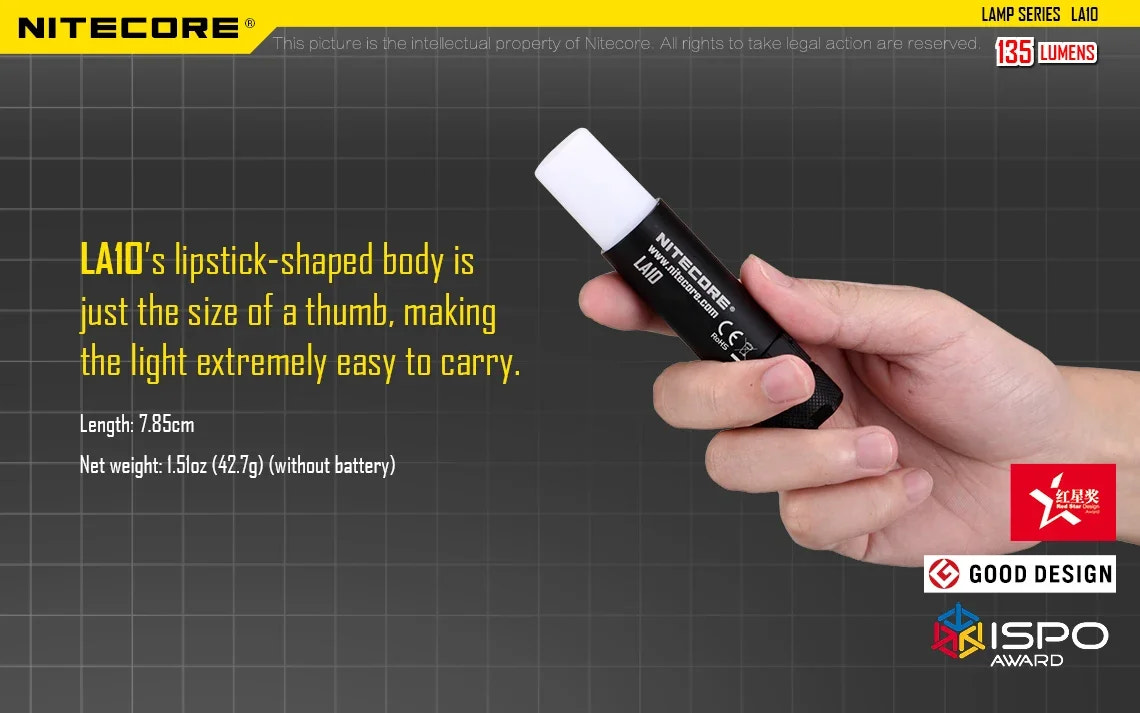 Nitecore flashlight held in a hand with product details on a grid background