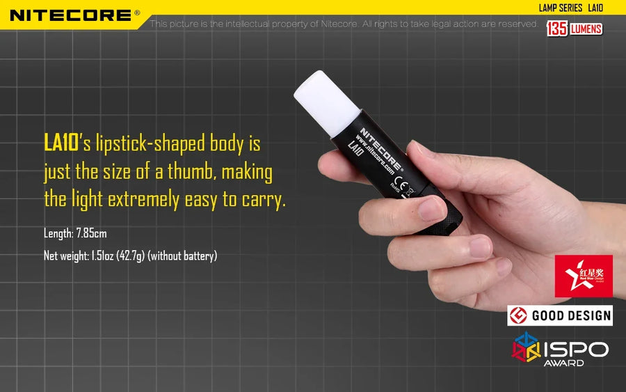 Nitecore flashlight held in a hand with product details on a grid background