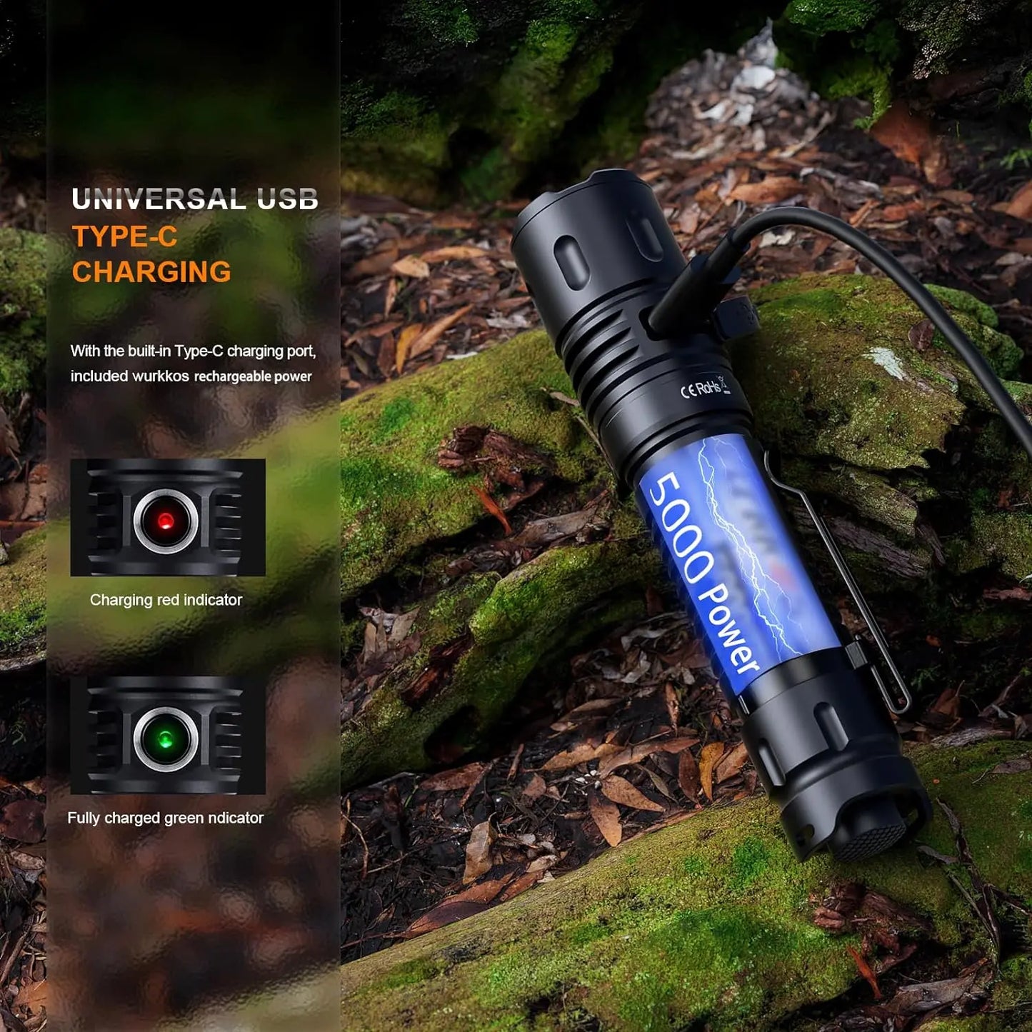Flashlight with charging indicators on a natural background