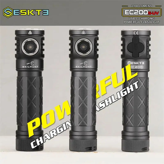 Three black flashlights with branding and product details on a gray background