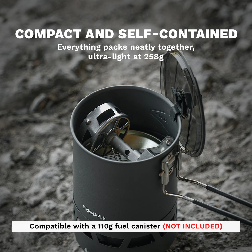 Compact camping stove on a rocky surface with text highlighting its features.