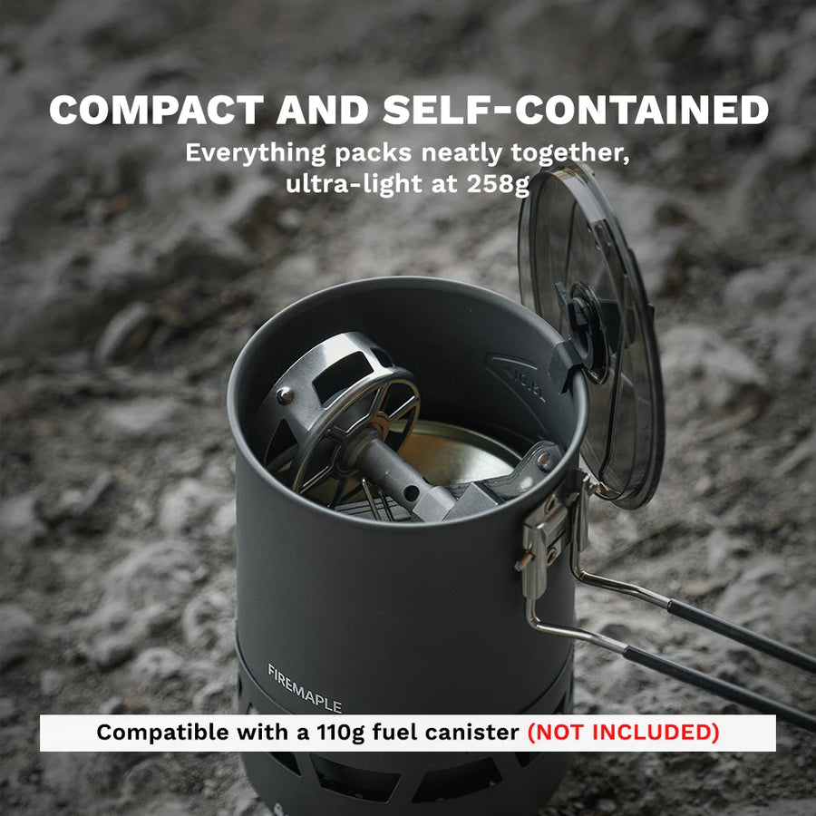 Compact camping stove on a rocky surface with text highlighting its features.